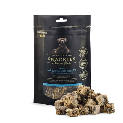 SNACKIES Premium Snacks für Hunde, ohne Zusatz von Getreide, Zucker, Farb-, Aroma- und Konservierungsstoffe, schonend luftgetrocknete Leckerli, Feine Kabeljauhautwürfel 130g von NATURAL SNACKIES Premium Snacks