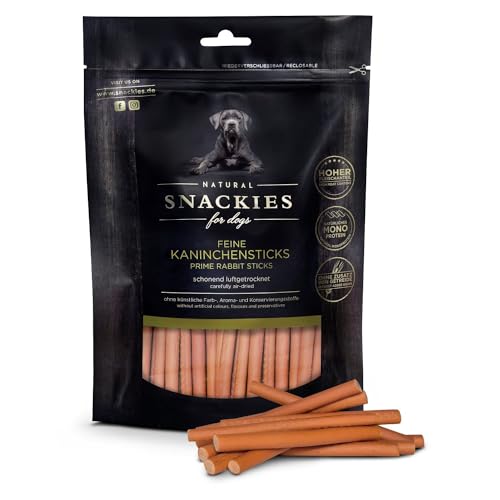 SNACKIES Premium Snacks für Hunde, ohne Zusatz von Getreide, Zucker, Farb-, Aroma- und Konservierungsstoffe, schonend luftgetrocknete Leckerli, Feine Kaninchensticks 170g von NATURAL SNACKIES Premium Snacks