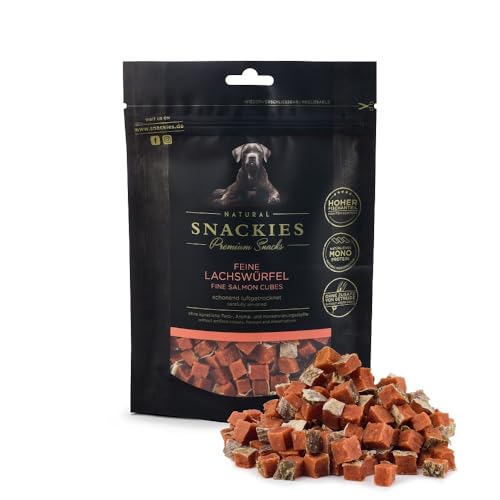 SNACKIES Premium Snacks für Hunde, ohne Zusatz von Getreide, Zucker, Farb-, Aroma- und Konservierungsstoffe, schonend luftgetrocknete Leckerli, Feine Lachswürfel 170g von NATURAL SNACKIES Premium Snacks