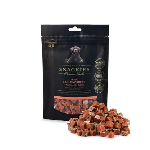 SNACKIES Premium Snacks für Hunde, ohne Zusatz von Getreide, Zucker, Farb-, Aroma- und Konservierungsstoffe, schonend luftgetrocknete Leckerli, Feine Lachswürfel 80g von NATURAL SNACKIES Premium Snacks