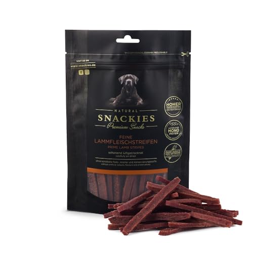 SNACKIES Premium Snacks für Hunde, ohne Zusatz von Getreide, Zucker, Farb-, Aroma- und Konservierungsstoffe, schonend luftgetrocknete Leckerli, Feine Lammfleischstreifen 170g von NATURAL SNACKIES Premium Snacks