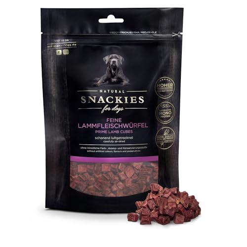 SNACKIES Premium Snacks für Hunde, ohne Zusatz von Getreide, Zucker, Farb-, Aroma- und Konservierungsstoffe, schonend luftgetrocknete Leckerli, Feine Lammfleischwürfel 170g von NATURAL SNACKIES Premium Snacks