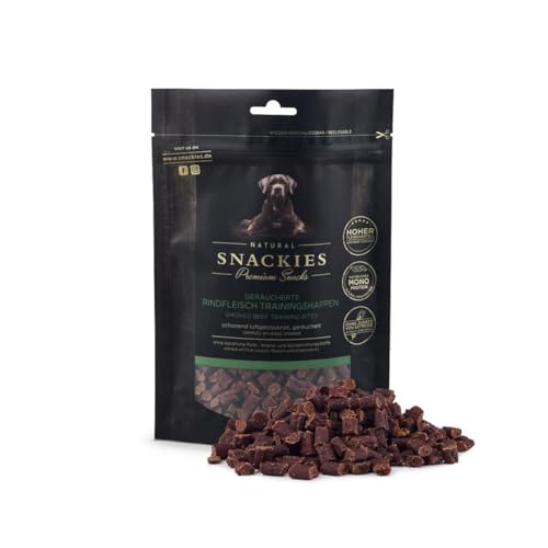 SNACKIES Premium Snacks für Hunde, ohne Zusatz von Getreide, Zucker, Farb-, Aroma- und Konservierungsstoffe, schonend luftgetrocknete Leckerli, Geräucherte Rindfleisch-Trainingshappen 80g von NATURAL SNACKIES Premium Snacks