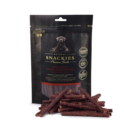 SNACKIES 16er-Pack (à 170g) Premium Snacks für Hunde, Geräucherte Rindfleischsticks ohne Zusatz von Getreide, Zucker, Farb-, Aroma- und Konservierungsstoffe, schonend luftgetrocknete Leckerli von NATURAL SNACKIES Premium Snacks