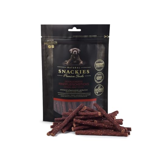 SNACKIES Premium Snacks für Hunde, ohne Zusatz von Getreide, Zucker, Farb-, Aroma- und Konservierungsstoffe, schonend luftgetrocknete Leckerli, Geräucherte Rindfleischsticks 400g von NATURAL SNACKIES Premium Snacks