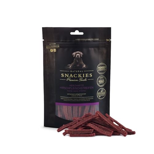 SNACKIES Premium Snacks für Hunde, ohne Zusatz von Getreide, Zucker, Farb-, Aroma- und Konservierungsstoffe, schonend luftgetrocknete Leckerli, Herzhafte Hirschfleischstreifen 170g von NATURAL SNACKIES Premium Snacks