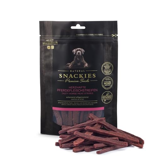 SNACKIES Premium Snacks für Hunde, ohne Zusatz von Getreide, Zucker, Farb-, Aroma- und Konservierungsstoffe, schonend luftgetrocknete Leckerli, Herzhafte Pferdefleischstreifen 170g von NATURAL SNACKIES Premium Snacks