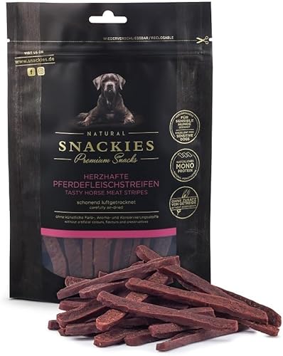 SNACKIES Premium Snacks für Hunde, ohne Zusatz von Getreide, Zucker, Farb-, Aroma- und Konservierungsstoffe, schonend luftgetrocknete Leckerli, Herzhafte Pferdefleischstreifen 400g von NATURAL SNACKIES Premium Snacks