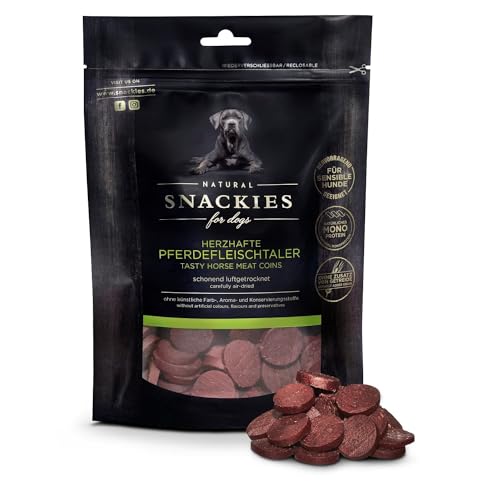 SNACKIES Premium Snacks für Hunde, ohne Zusatz von Getreide, Zucker, Farb-, Aroma- und Konservierungsstoffe, schonend luftgetrocknete Leckerli, Herzhafte Pferdefleischtaler 170g von NATURAL SNACKIES Premium Snacks