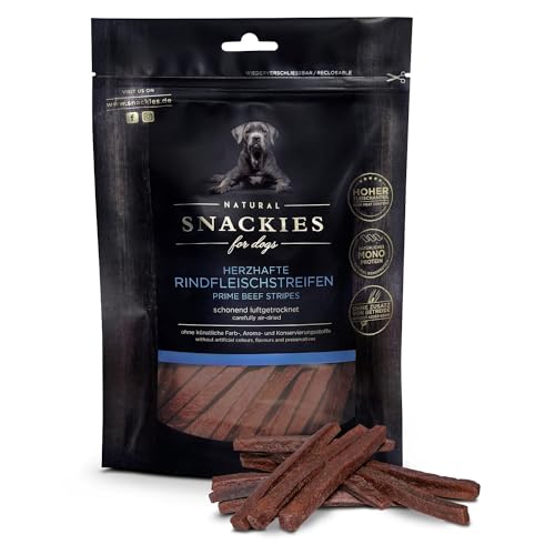 SNACKIES Premium Snacks für Hunde, ohne Zusatz von Getreide, Zucker, Farb-, Aroma- und Konservierungsstoffe, schonend luftgetrocknete Leckerli, Herzhafte Rindfleischstreifen 170g von NATURAL SNACKIES Premium Snacks