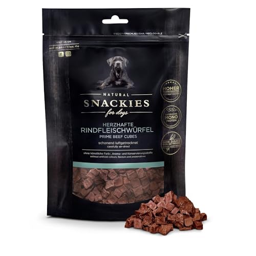 SNACKIES Premium Snacks für Hunde, ohne Zusatz von Getreide, Zucker, Farb-, Aroma- und Konservierungsstoffe, schonend luftgetrocknete Leckerli, Herzhafte Rindfleischwürfel 80g von NATURAL SNACKIES Premium Snacks