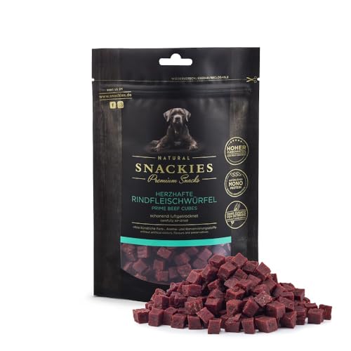 SNACKIES Premium Snacks für Hunde, ohne Zusatz von Getreide, Zucker, Farb-, Aroma- und Konservierungsstoffe, schonend luftgetrocknete Leckerli, Herzhafte Rindfleischwürfel 80g von NATURAL SNACKIES Premium Snacks