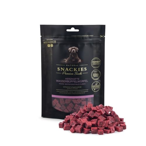 SNACKIES Premium Snacks für Hunde, ohne Zusatz von Getreide, Zucker, Farb-, Aroma- und Konservierungsstoffe, schonend luftgetrocknete Leckerli, Herzhafte Wasserbüffelwürfel 80g von NATURAL SNACKIES Premium Snacks