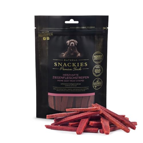 SNACKIES Premium Snacks für Hunde, ohne Zusatz von Getreide, Zucker, Farb-, Aroma- und Konservierungsstoffe, schonend luftgetrocknete Leckerli, Herzhafte Ziegenfleischstreifen 170g von NATURAL SNACKIES Premium Snacks