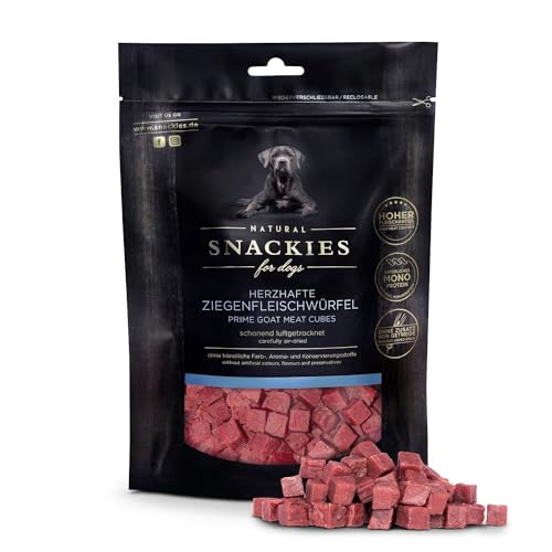 SNACKIES Premium Snacks für Hunde, ohne Zusatz von Getreide, Zucker, Farb-, Aroma- und Konservierungsstoffe, schonend luftgetrocknete Leckerli, Herzhafte Ziegenfleischwürfel 170g von NATURAL SNACKIES Premium Snacks