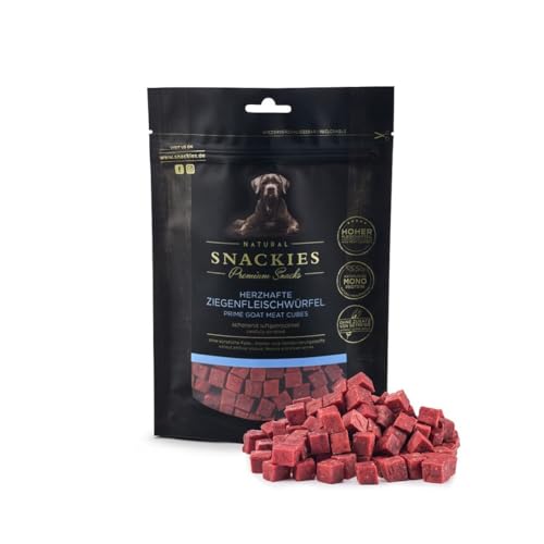 SNACKIES Premium Snacks für Hunde, ohne Zusatz von Getreide, Zucker, Farb-, Aroma- und Konservierungsstoffe, schonend luftgetrocknete Leckerli, Herzhafte Ziegenfleischwürfel 80g von NATURAL SNACKIES Premium Snacks