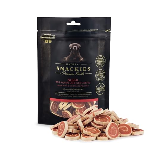 SNACKIES 16er-Pack (à 90g) Premium Snacks für Hunde, Sushi mit Huhn und Seelachs ohne Zusatz von Getreide, Zucker, Farb-, Aroma- und Konservierungsstoffe, schonend luftgetrocknete Leckerli von NATURAL SNACKIES Premium Snacks