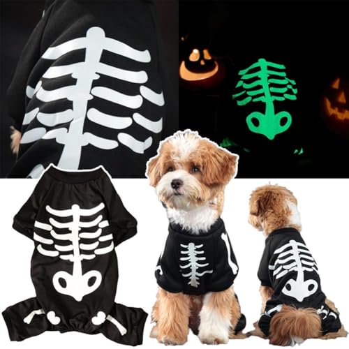 NAUXIU Halloween-Hundekostüme für kleine Hunde, leuchtet im Dunkeln, Skelett, Haustier-Overall, Totenkopf-Welpen, Pyjama, atmungsaktiv, dehnbar, Halloween, Urlaub, Cosplay, Partybekleidung von NAUXIU