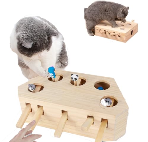 NAUXIU Haustierspielzeug aus Holz, Whack a Mole für Katzen, 3-in-1-Kratzer und Spielzeug, interaktives Katzenspielzeug für gelangweilte Indoor-Katzen, Katzenspiele von NAUXIU