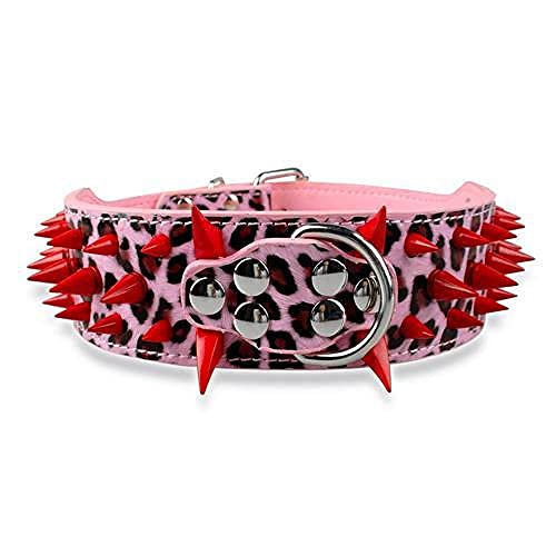 2" Breites, scharfes, nietenbesetztes Lederhalsband Großes Hundehalsband verstellbar für mittelgroße Hunde SML XL,Rosa-Rot-Spitze,M von NC