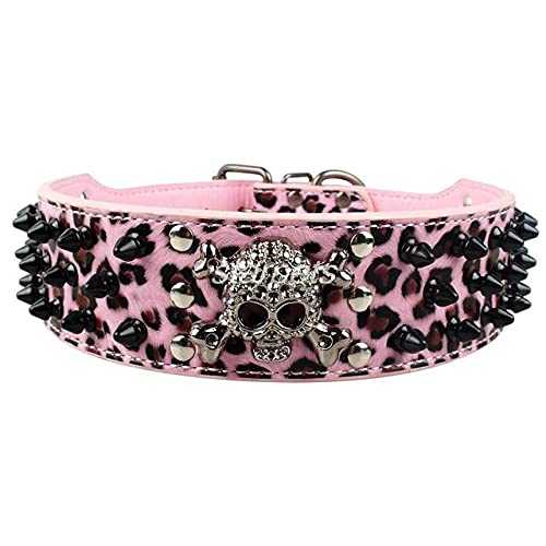 2" Breites Stachelbesetztes Leder Hundehalsband Kugelnieten Mit Coolem Schädel Haustier Zubehör Für Mittlere Große Hunde S-XL,Rosa,XL von NC