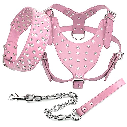 Bling Strass Besetztes Leder Hundehalsband Geschirr Leine 3er Set Walking Medium Large Dogs Pink Black ML XL,Rosa,L von NC