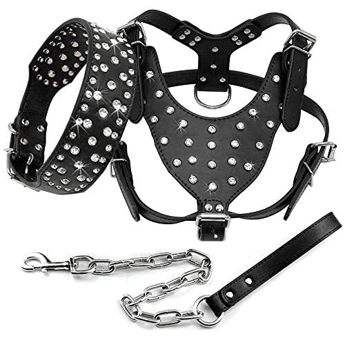 Bling Strass Besetztes Leder Hundehalsband Geschirr Leine 3er Set Walking Medium Large Dogs Pink Black ML XL,Schwarz,M von NC