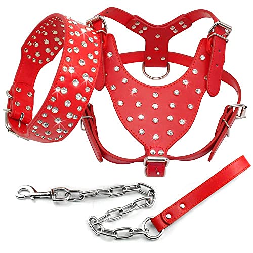 Bling Strass Besetztes Leder Hundehalsband Geschirr Leine 3er Set Walking Mittelgroße Hunde Rosa Schwarz ML XL,rot,L von NC