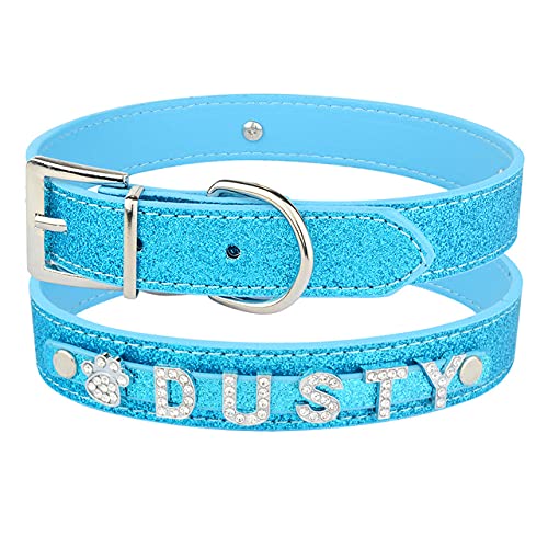 Bling Strass Hund Katze Kunstlederhalsband Kleiner Welpe Kosename Personalisierte Welpenhalsband, Blau,S 26,33cm von NC