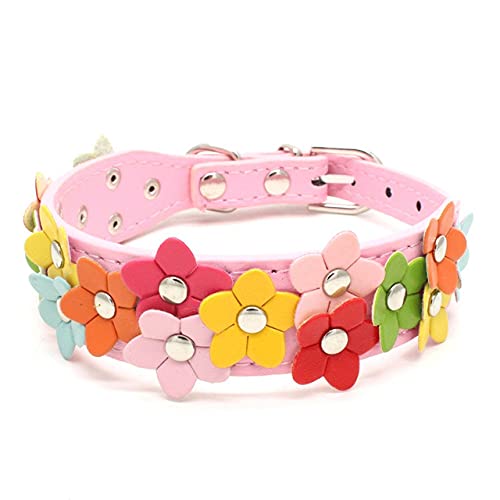 Bunte PU-Leder-Hundehalsband-Blumen-besetzte Welpen-Katze zweireihig niedliche verstellbare Halsband-Halskette Haustierzubehör,Rosa,S von NC