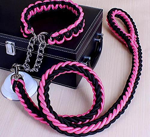 Doppelstrang-Seil Große Hundeleinen Metall P-Kette Schnalle Farbe Haustier-Zugseil-Halsband-Set für große Hunde 1,2 m Länge, Schwarz Rosa, L 40 bis 50 cm von NC