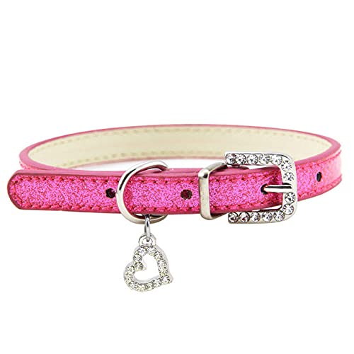 Haustier Hund Katzenhalsband Bling Liebe Herz Kristall Anhänger Halskette Sicherheit Weiches Leder Kätzchen Welpen Halsband Tierzubehör,Rosa,M von NC