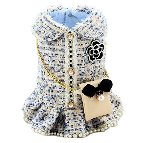 Hundebekleidung Haustier Tweed Mantel Paare Kleid Weste Outfit Schnee Himmelblau Perlen Rock Kamelie Kette Taschenzubehör,Blau,L von NC