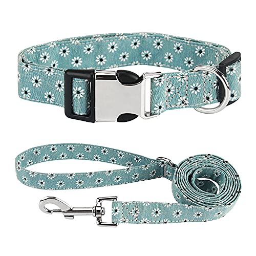 Hundehalsband Welpen Katze Hundeleinen Halsband Leine Personalisiertes Hundehalsband für mittelgroße Hunde,Blume Grün,L von NC