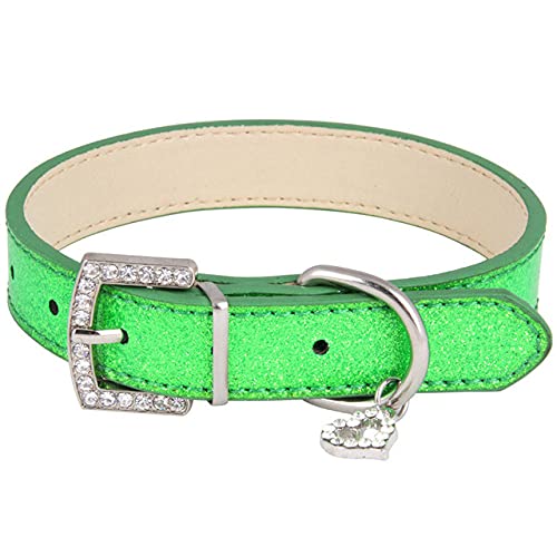 Kreatives Strass Herz Glänzendes PU Leder Haustierhalsband Diamantknopf Edle Halsband Halsband für Hunde Katzen Heimtierbedarf,grün,L von NC