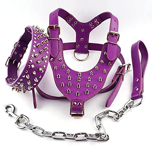 Lila verstellbares, Cooles, nietenbesetztes Leder-Hundegeschirr-Halsband-Leine-Set für große Hunde ML XL, Lila, L von NC