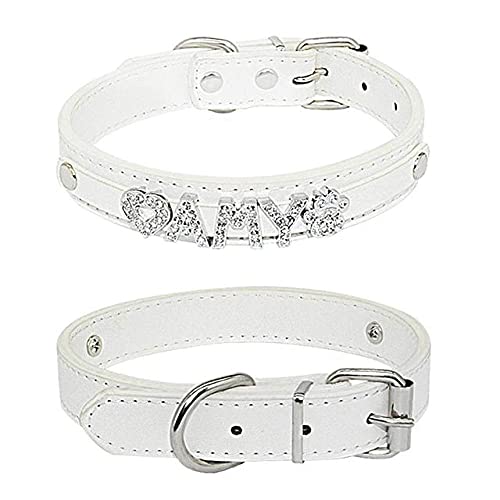 Personalisierte Charms Name Hundehalsband für kleine mittelgroße Hunde Bling Strass Leder Hundehalsband Haustier Katzenhalsband,Weiß,XL von NC