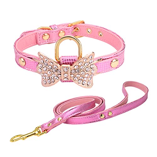 Schleife Strass PU Hundehalsbänder Heimtierbedarf Künstliche Diamant Bowknot Hundeleinen,Rosa,L von NC