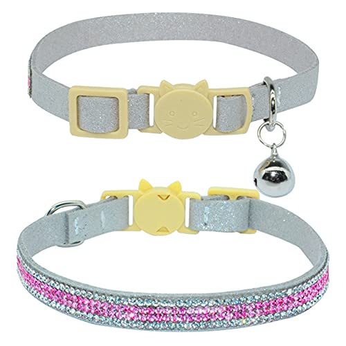 Strass Glocke Haustier Katzenhalsband für kleine Katze Weiches Sicheres Verstellbares Kätzchen Katzenschnallenhalsband Diamant Katzenhalskette Rosa S,grau,S von NC