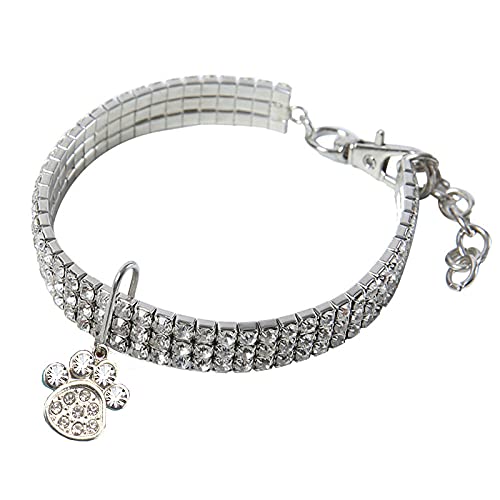 Strass Hundehalsband Crystal Paw Puppy Pet Hundehalsbänder Leine für kleine mittelgroße Hunde Zubehör Schmuck,Silberpfote,L von NC