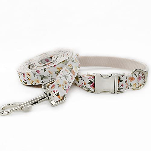 Weiße Blume Hundehalsband und Leine Set mit Fliege verstellbare Haustier Welpen Baumwolle Hund Partygeschenk, Halsband Leine, S von NC