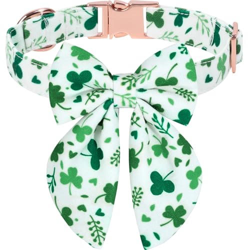 NCMAMA St. Patrick's Day Hundehalsband mit Schleife, grünes Glückskleeblatt, verstellbares Hundehalsband mit Fliege für mittelgroße und kleine Hunde, Frühlings-Hundehalsband mit robuster von NCMAMA