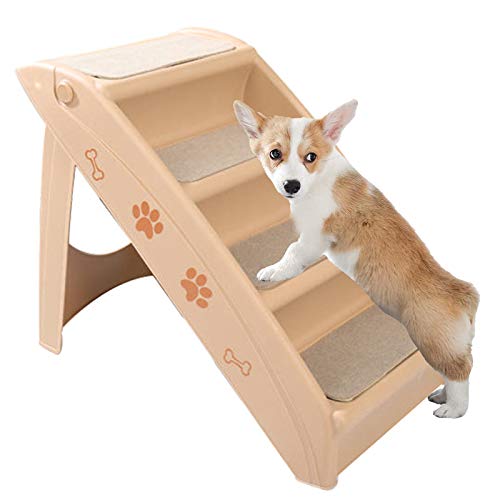 Faltbare Hundetreppe Haustier 4 Stufen zusammenklappbar Haustiertreppe für Hunde und Katzen, Reichweite Couch oder Bett, Teppichboden, Kunststoff (Beige) von NEDOES