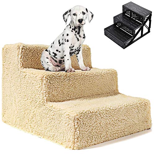 Hundetreppe Katzen Hundesofa Hund 3 Stufen Treppe Haustierbett Trittleiter mit abnehmbarem Softbezug, Tiertreppe (Beige) von NEDOES