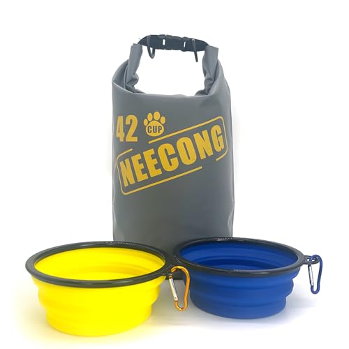 NEECONG Hundefutter-Reisetasche mit faltbaren Hundenäpfen (800 ml), 42 Tassen, Hundefutter-Aufbewahrungssystem für Camping, Reisen und den Alltag, 10 l Hundefutter, Trockentasche, Gelbgrau von NEECONG