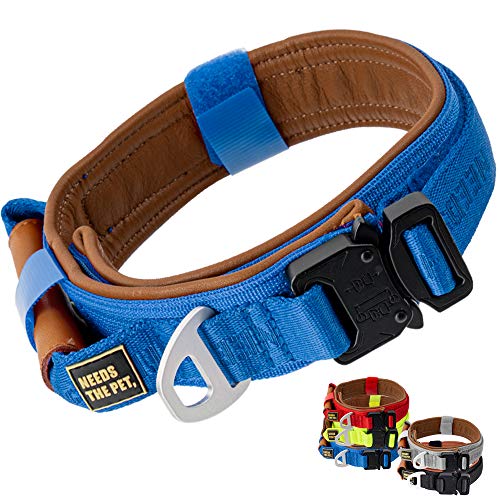 The Comfort Collar Hundehalsband, weiches Rindsleder, gepolstert, reflektierender Klettverschluss, Metallschnalle für große Hunde, leicht zu kontrollierender Griff (S,M,L) (M, Blau) von NEEDS THE PET