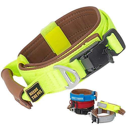 The Comfort Collar Hundehalsband, weiches Rindsleder, gepolstert, reflektierender Klettverschluss, Metallschnalle für große Hunde, leicht zu kontrollierender Griff (S,M,L) (S, Neongelb) von NEEDS THE PET