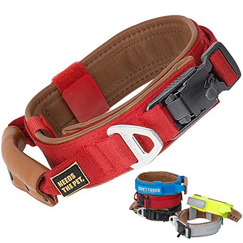 The Comfort Halsband, weiches Rindsleder gepolstertes Hundehalsband für alle Rassen, reflektierender Patch, Metallschnalle für große Hunde, einfache Kontrolle mit Griff (S, M, L) (S, Passion Red) von NEEDS THE PET