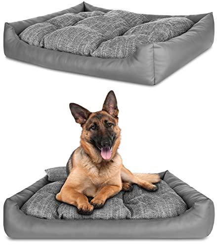 NELKE Hundebett Grosse Hunde Kunstleder Hundekorb Grau Hundekörbchen XXL 100x80cm große waschbar Hundesofa mit Hundekissen orthopädisches Hundecouch kuschelig Dog Bed Large von NELKE