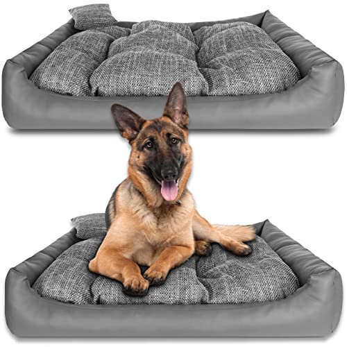 NELKE Hundebett Grosse Hunde Kunstleder Hundekorb Grau Hundekörbchen XXL 100x80cm große waschbar Hundesofa mit Hundekissen orthopädisches Hundecouch kuschelig Dog Bed Large von NELKE